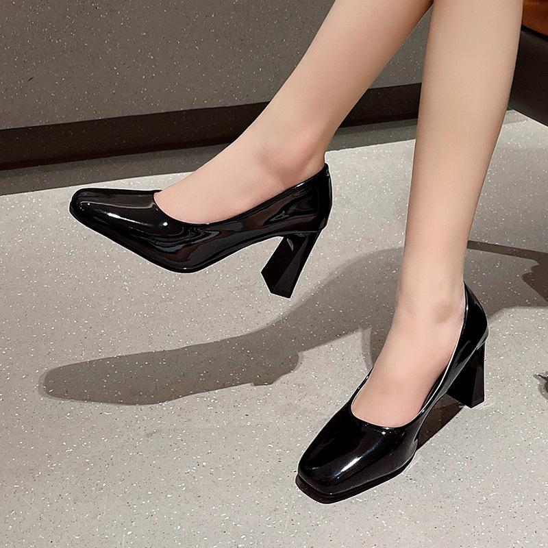Square Head Thick Heel Women's Single Shoes Spring New Fashion Casual One-pedal Small Leather Shoes Nude Light Mouth High Heels