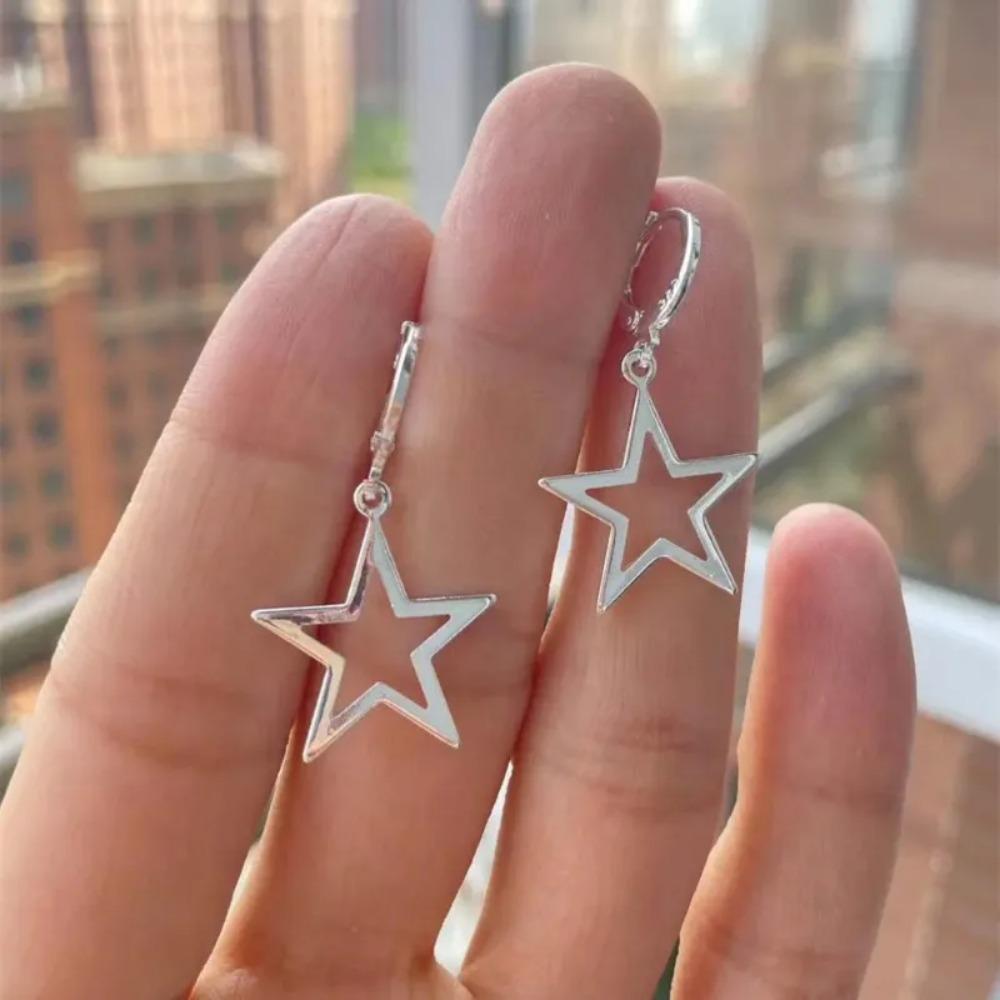 New Fashion Silver Color Pentagram Earrings for Women Charm Hollow Five-pointed Star Stainless Steel Dangle Earrings Jewelry