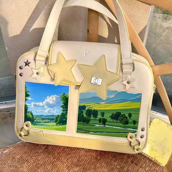 Kawaii Ita Bag Shoulder Bag with Clear Windows Anime Pin Display Bag Doll Badge Display Tote Cute Star Handbag Holds 20cm Doll for Cosplay Anime Fairs
