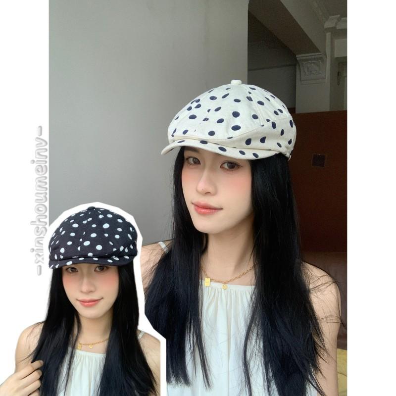 Vintage Polka Dot Linen Newsboy Cap Women - Slimming Face Effect UV Protection Boho Artist Hat