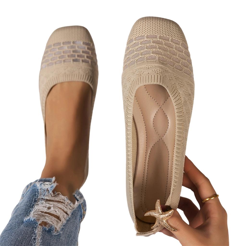 Breathable Wide Fit Square Toe Casual Flats for Women Slip On Lightweight Flexible Knit Upper Comfortable Walking Shoes