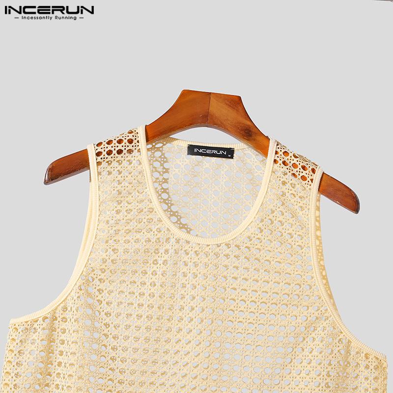 INCERUN Men Summer Hollow Sleeveless Vest Casual Loose Party Beach Net Yarn Tank Tops