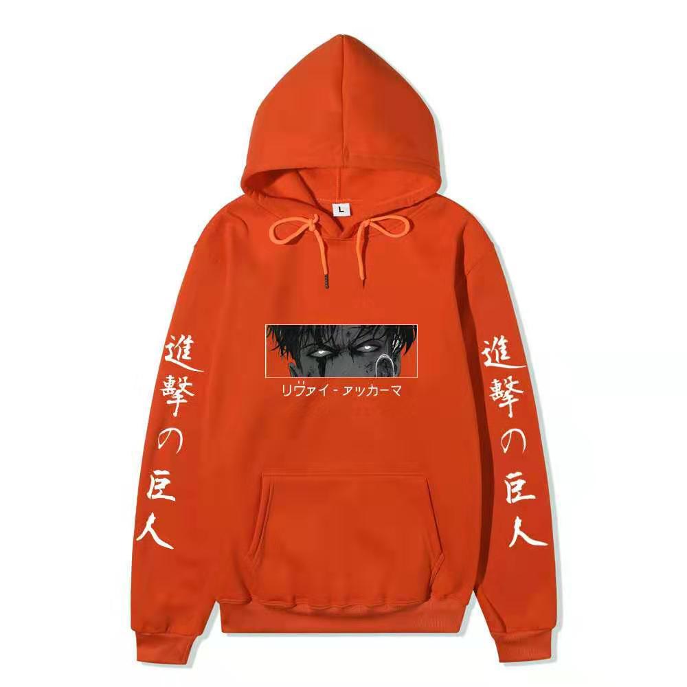 Anime Attack On Titan Levi Ackerman Hoodie, Double Sleeve Japanese Text Print Pullover Sweatshirt Long Sleeve Streetwear for Men Women