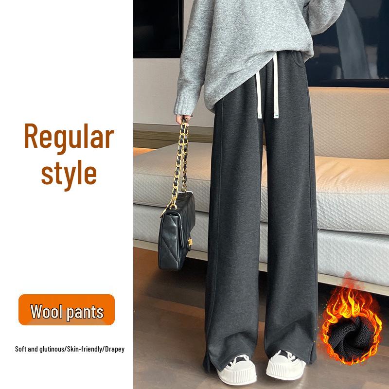 

Женские драпированные брюки из шерсти «елочкой» 2024: Ацетатная смесь, Широкие штанины, Плюс бархат, Прямой приталенный крой для осени/зимы. Extra Large