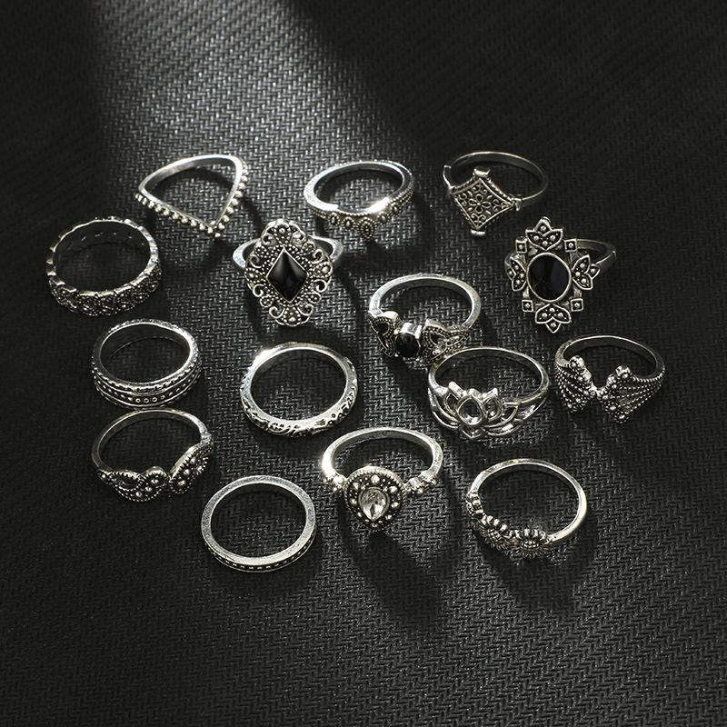 Accessories 15-piece ring set Personalized trendy openwork lotus sunflower geometric black gemstone set ring