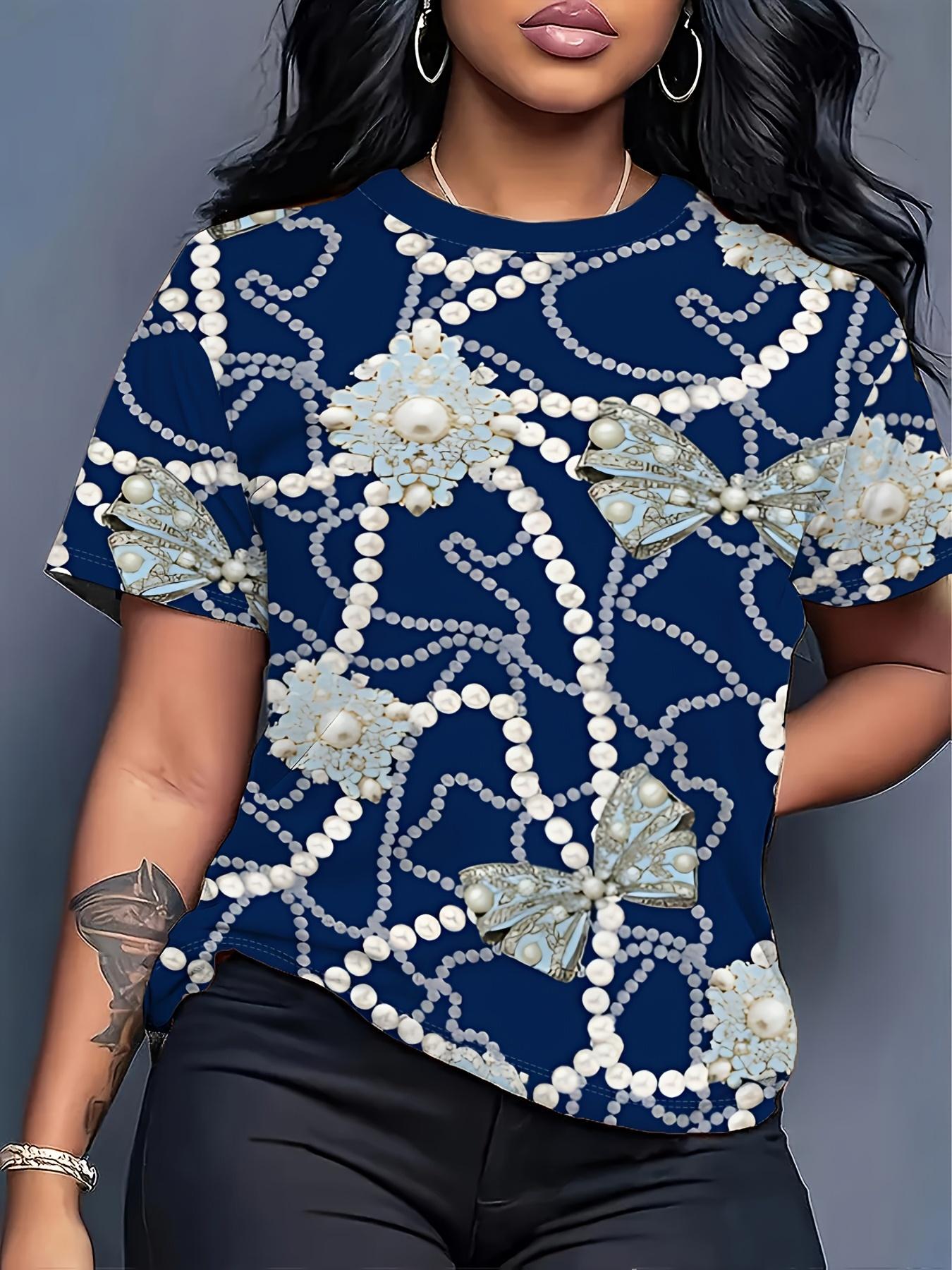 

Pearl Bow Print Loose Fit Women S Summer T-Shirt - A Vintage Glamorous Navy Blue Casual Top. Designed for Lovers of Soft Aesthetics. Suitable for Brun L