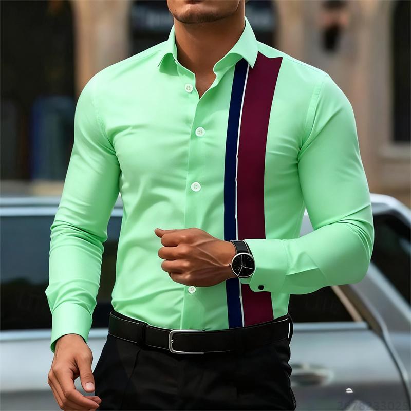Men's Fashionable Contrast Color Striped Long Sleeve Shirt European and American Style Business Casual Trendy Casual Men's Shirt