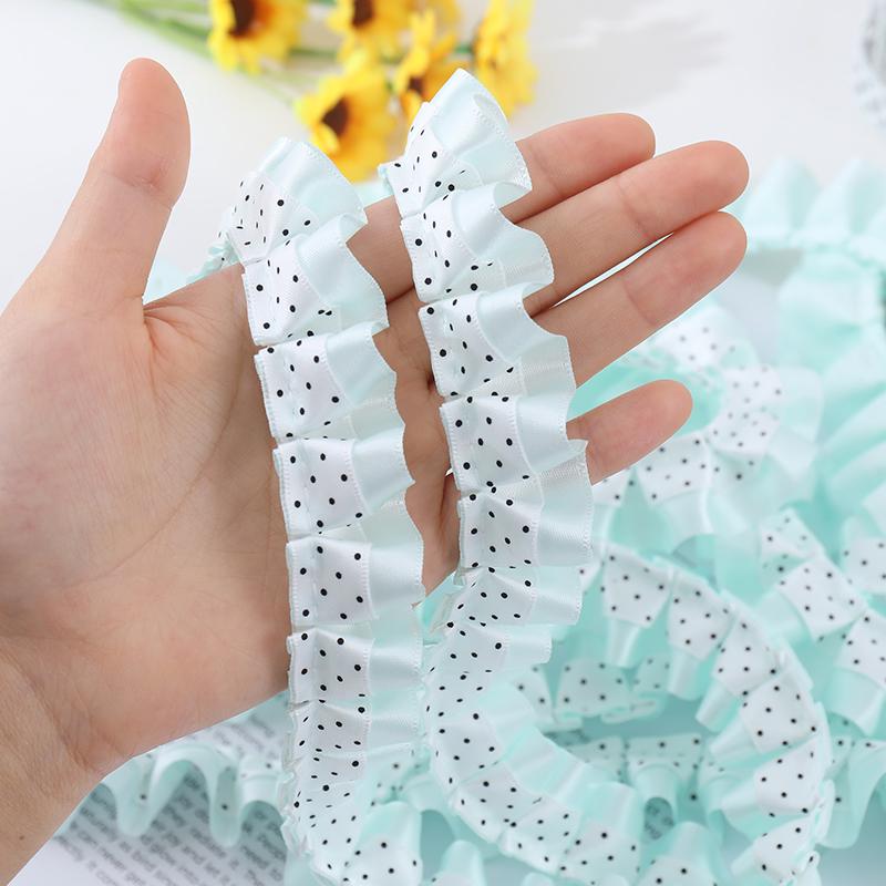 2.5cm Double-Sided Black Polka Dot Satin Ribbon with Double Layer Pleated Lace for DIY Doll Dress Hem Accessories