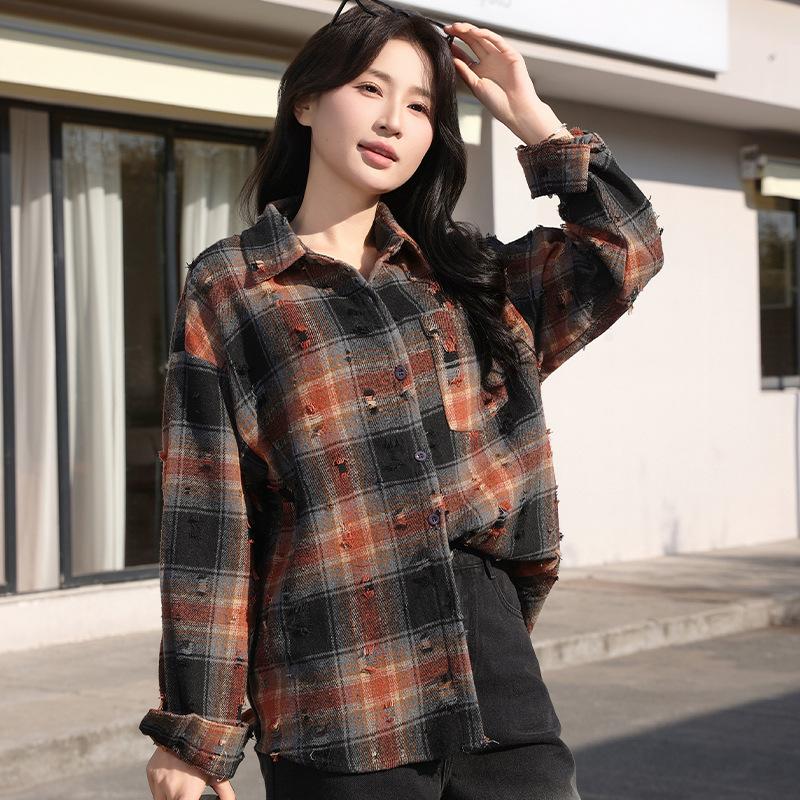 Checkered Shirt for Women In Spring Autumn with Holes The High Street Rugged Handsome Loose Casual Top Vintage Fashionable Outerwear Blouses & Shirts