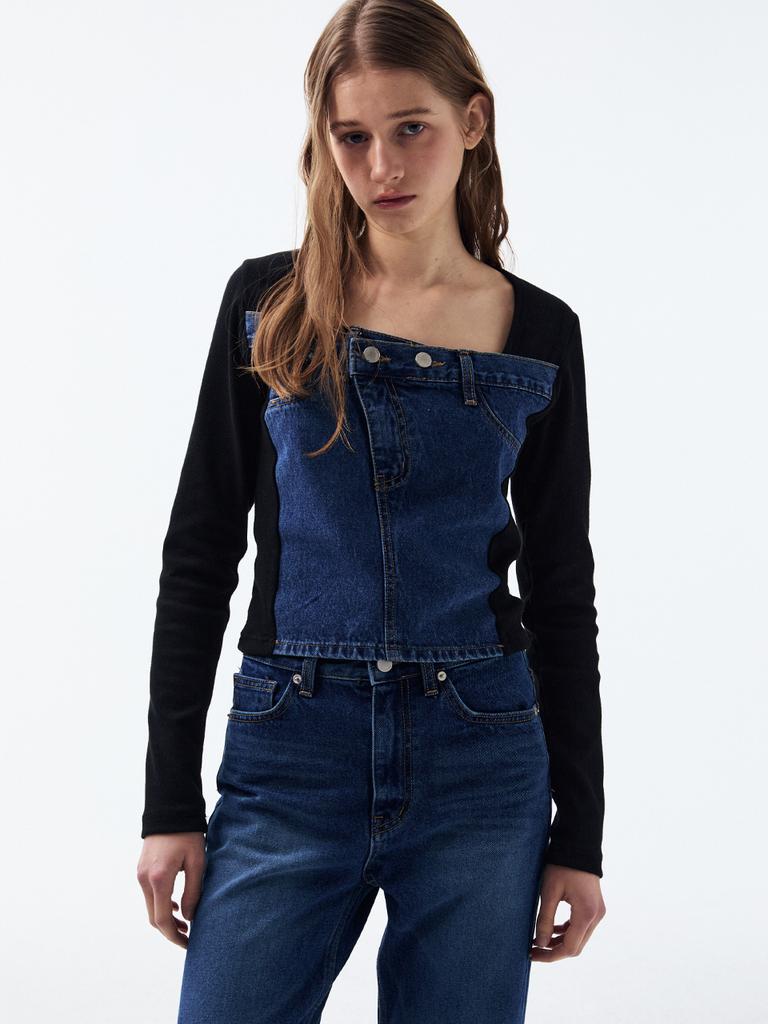RENNESMIA Denim Patch Detail Top_Black