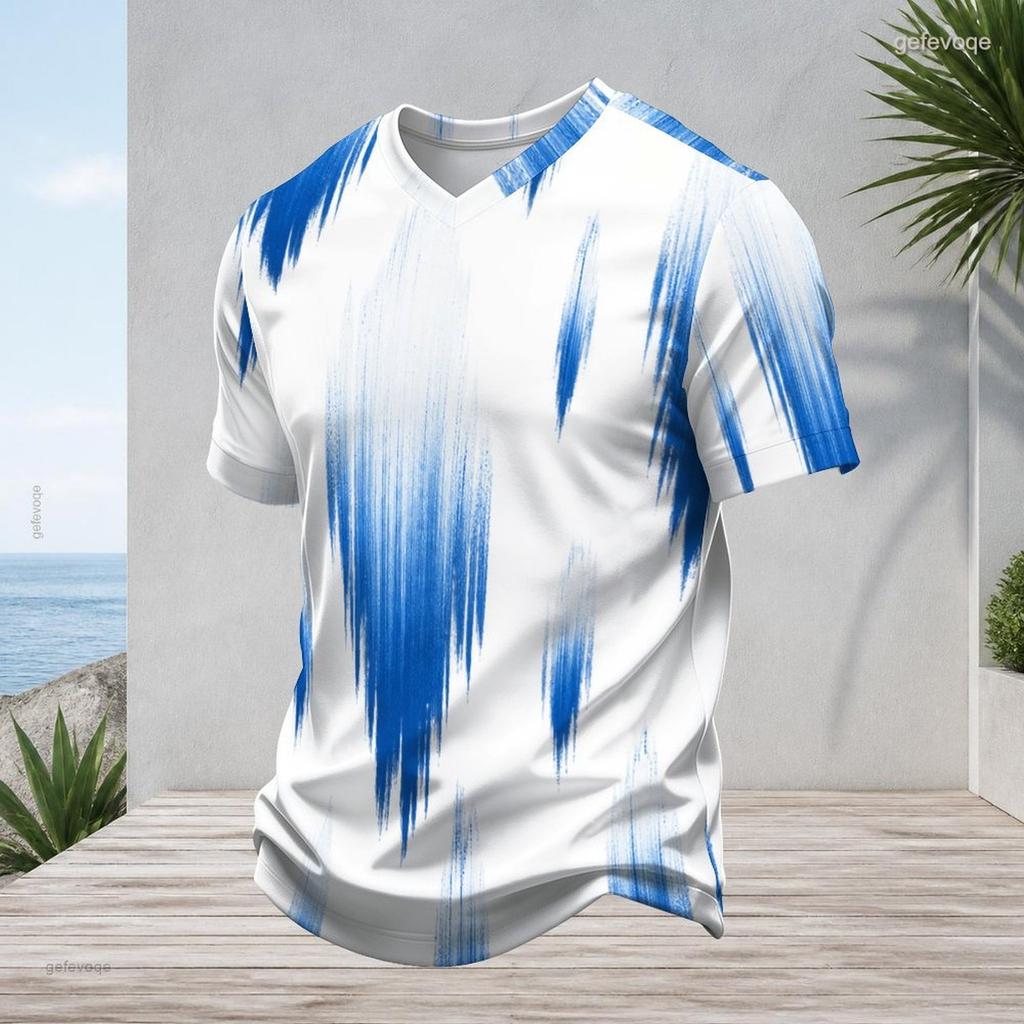 Men Plus Size V Neck Short Sleeve T Shirt Blue Agate Geode Printed White Casual Tee