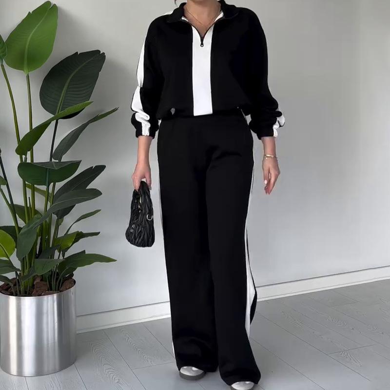 2025 Autumn Women's Fashion Color Block Casual Knitted Two-Piece Set