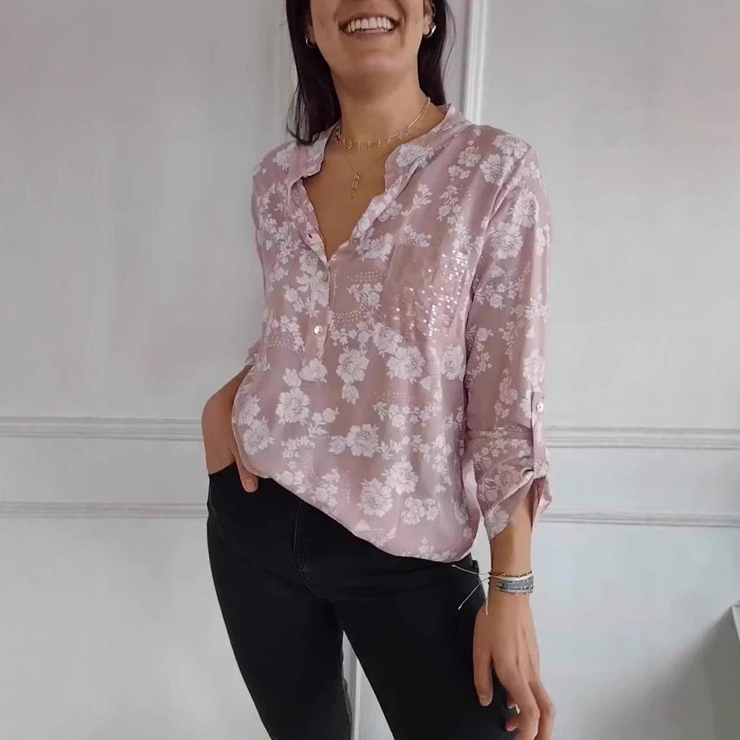 

2025 Spring/Summer Women s Loose Casual Long-Sleeve Sequin Pocket Print Shirt 2XL