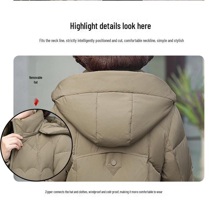 Jachetă de iarnă cu glugă, de lungime medie, cu puf de rață - Alb Călduț, Coată de iarnă pentru mame de vârstă mijlocie (2025)