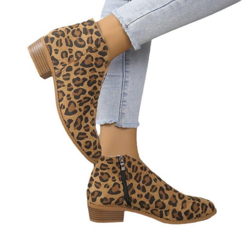 Podzimní a zimní leopardí potisk odmocniny krátké boty boční zip kulatá hlava V ústa semišové holé boty dámské