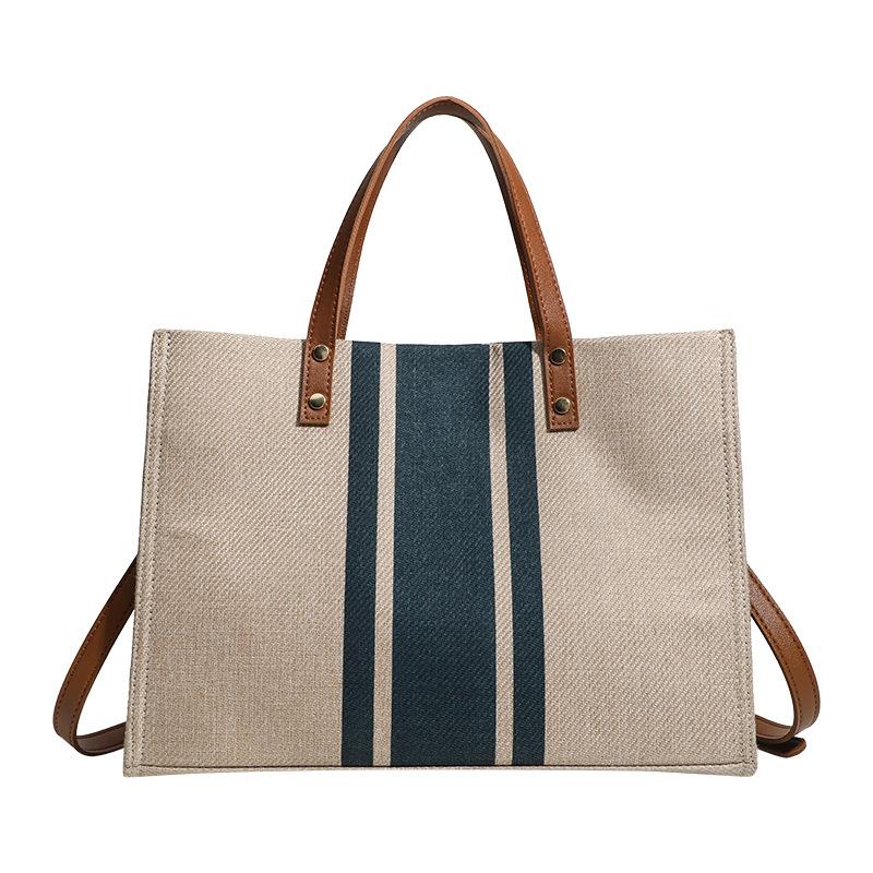 Women'S Portable Tote Bag Fashion Commuter Stripe Simple Shoulder Large Bag Large Capacity Canvas Bag