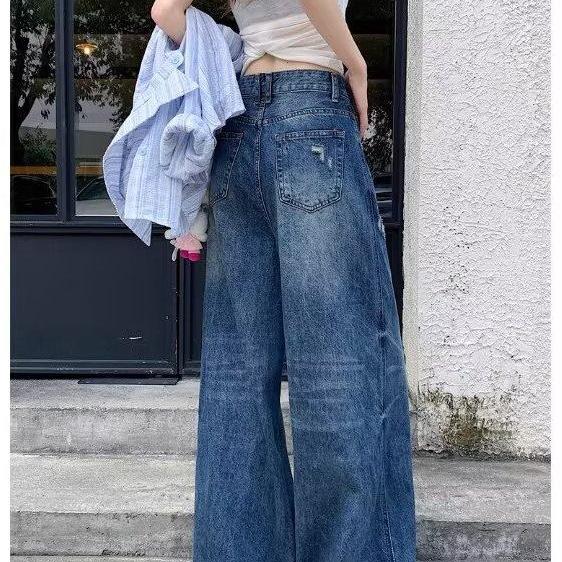 American Retro Wide-Leg Jeans for Women - Plus Size, Korean Style, Loose Fit, Floor-Length Pants for Autumn and Winter