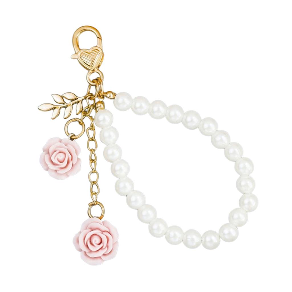 Stylish Faux Pearls and Rose Key Holder Beaded Key Chain Bag Charm Lightweight Keychain Ornament for Women Girls