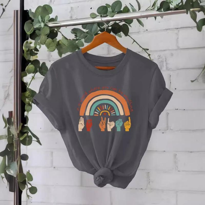 Sommer Reines Baumwoll-T-Shirt Kurzärmelig Rundhalsausschnitt Bedruckte T-Shirts Damen