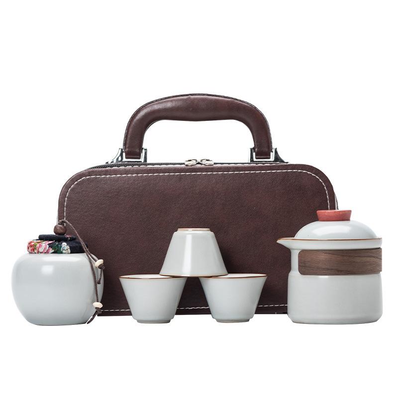 Outdoor Portable One Pot Three Cups Kung Fu Brewing Teapot Teacup Ru Kiln Travel Tea Set Gift Set