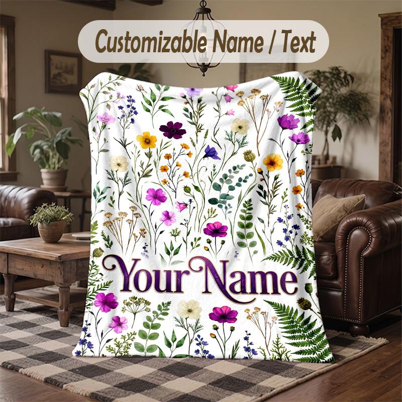 Floral Artwork 21 Theme Throw Blanket Custom Name Text Personalized Blanket Soft Cozy Blanket for Home Sofa Bed