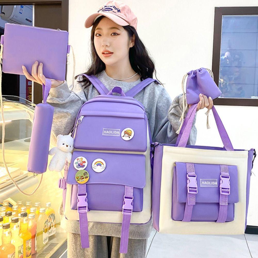 

Simple Badge Shoulder Backpack Canvas Korean Style School Bag Sweet Large Capacity Bags Girls black-backpack