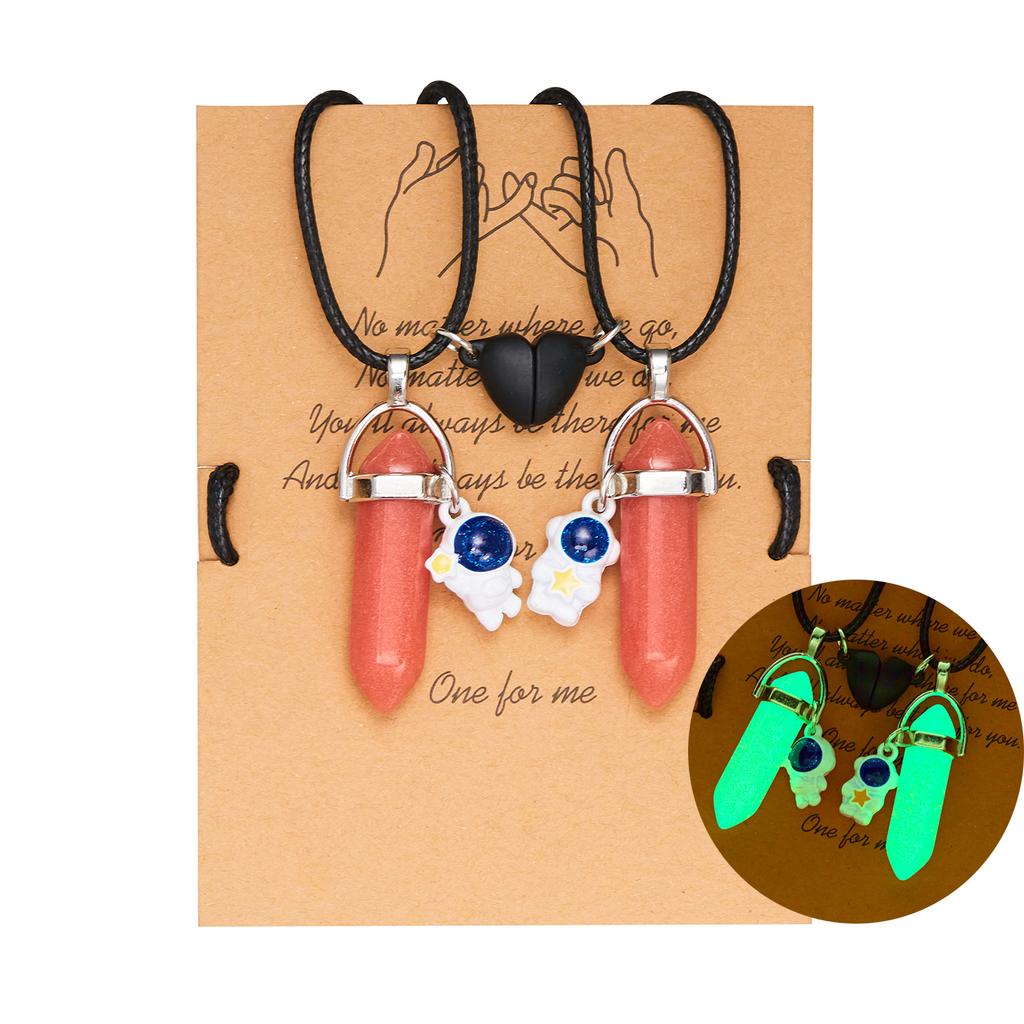 2PCS Luminous Hexagonal Column Couple Necklace for Women Men Astronaut Magnetic Heart Natural Stone Choker Lover Charm Jewelry