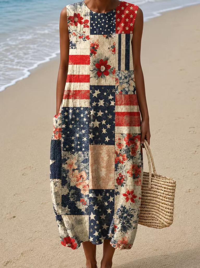 Sleeveless dress 26 new shrink pleated large version loose casual round neck digital printing - bamboo hemp