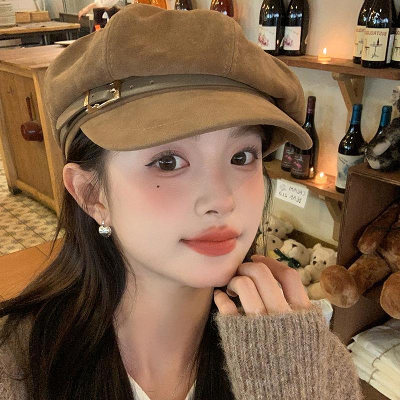 Suede Newsboy Hat Women's New Style Small Octagonal Hat with Temperament and Versatile Painter's Hat