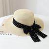 French elegant polka dot bow streamer pearl straw hat women's summer big brim sun hat seaside outing beach hat