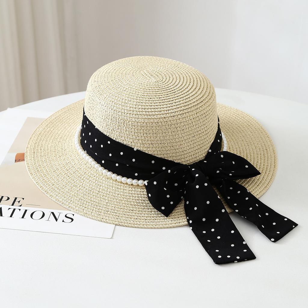 French elegant polka dot bow streamer pearl straw hat women's summer big brim sun hat seaside outing beach hat
