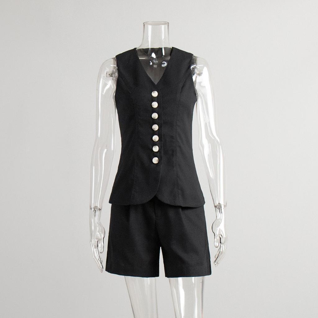 Set Estivo da Donna in Cotone e Lino 2 Pezzi Casual da Pendolare Gilet Gilet + Pantaloncini