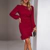 Elegant Womens Slim Fit Solid Color O Neck Dress with Bubble Sleeves Ruffles and Pleated Design