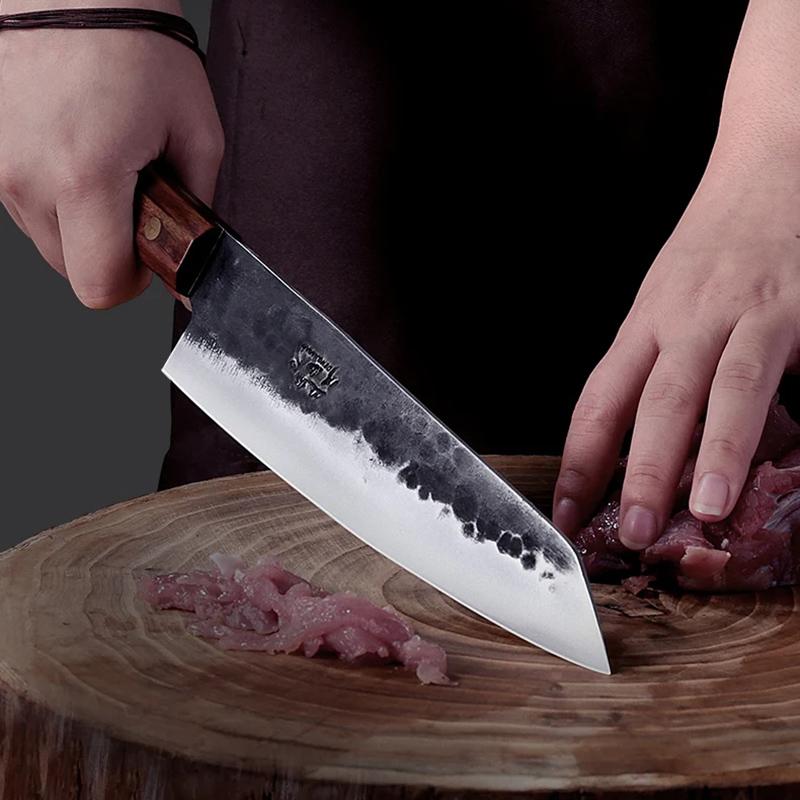 7.7 Inch Handmade Forged Kitchen Knife 5Cr15MoV Stainless Steel Blade Sharp Kiritsuke Knife Chef Cleaver Meat Slicing Vegetables