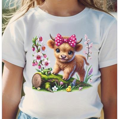 European Sizes Girls' Cute Highland Cow & Scottish Cow Print T-Shirt - Soft Breathable Loose Fit Round Neck Tee,