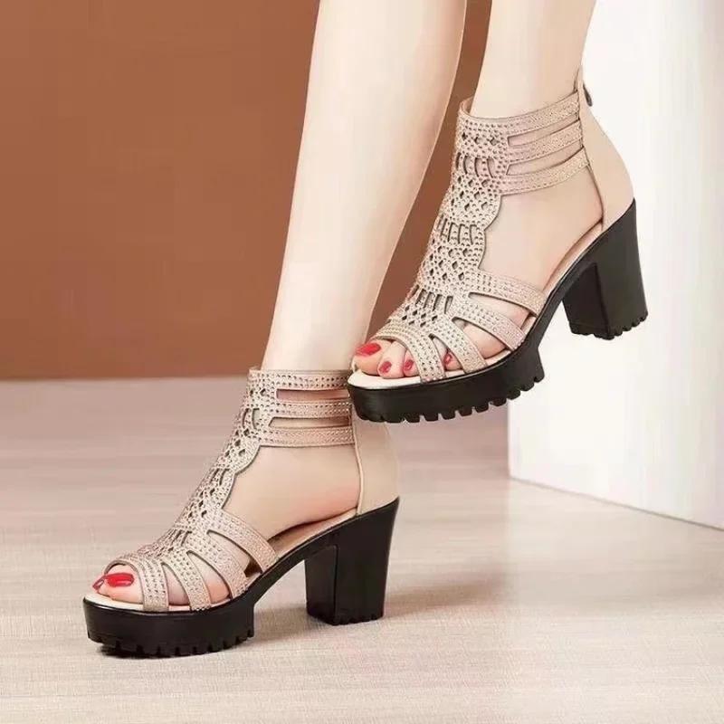 Fashion Summer Women's Breathable High Heel Shoes Women's Peep Toe Platform Chunky Heel Sandals Outdoor Zip Dress Party Heeled Shoes