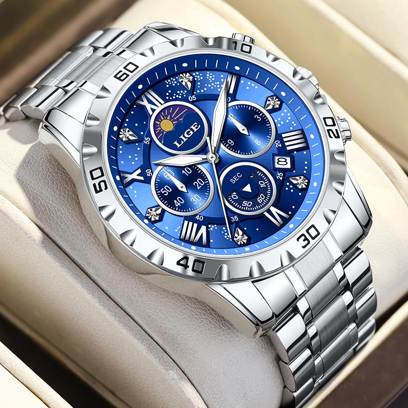 LIGE Top Brand Luxury Watches Men Fashion Multifunction Quartz Wristwatches 30M Waterproof Luminous Steel Mens Watch Reloj