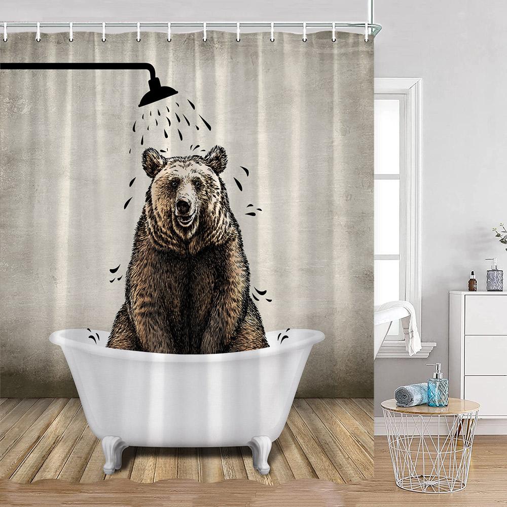 

Funny Bear Shower Curtains Bathing Bear Wooden Plank Pattern Fabric Bathroom Decor Bear Silouette Rustic Bath Curtain With Hooks W60H190(CM)-1 Pcs
