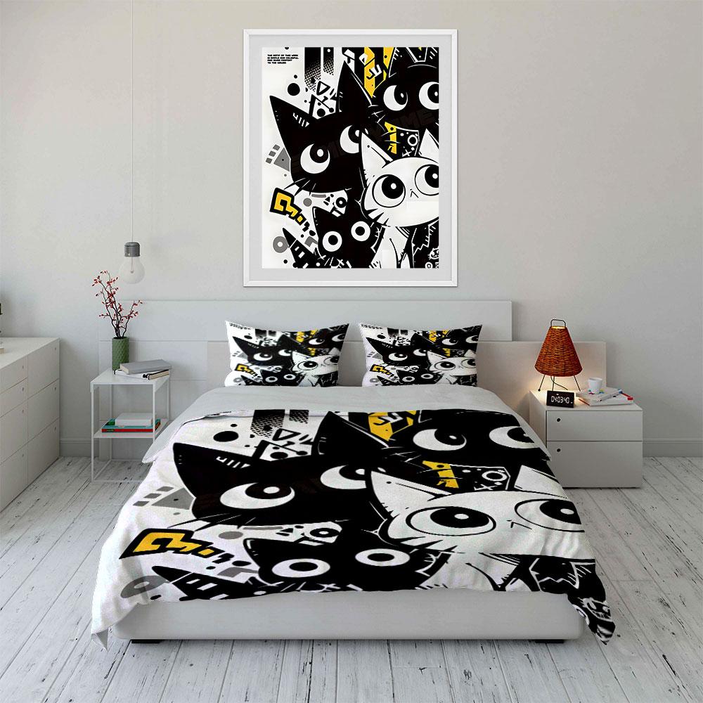 Cartoon cats with geometric patterns Print Bedding Set 1Duvet Cover 2Pillowcases for Adult and Children Luxury Gift Full Size
