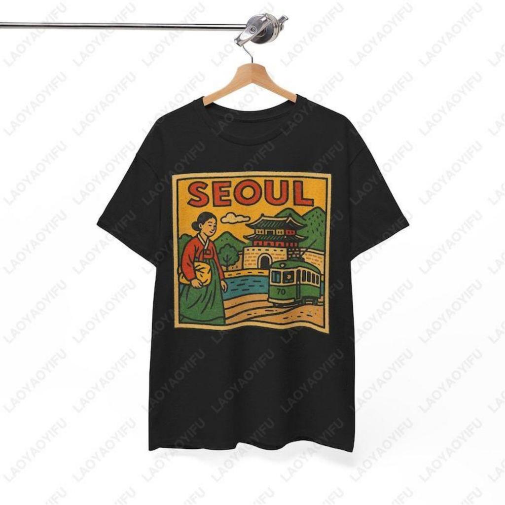 Séoul Corée T-shirt Unisexe Style Rétro Vintage Skyline de la Ville Graphique T-shirts Audacieux Voyage Asiatique Coton T-shirt Cadeau Homme Femme Hauts