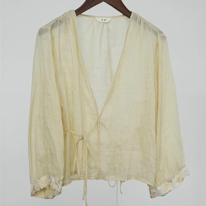 Johnature Women Ramie Solid Color Shirts Tops V-Neck Long Sleeve Summer Blouses Casual Patchwork Shirts