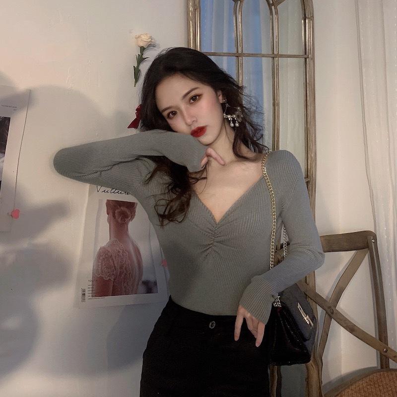 Fall Winter Women V Neck Solid Color Long Sleeve Pleated Knitted Bottoming Chic Sweater