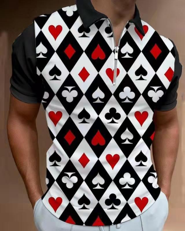 Trendy short-sleeve polo with zipper, chain print casual top.