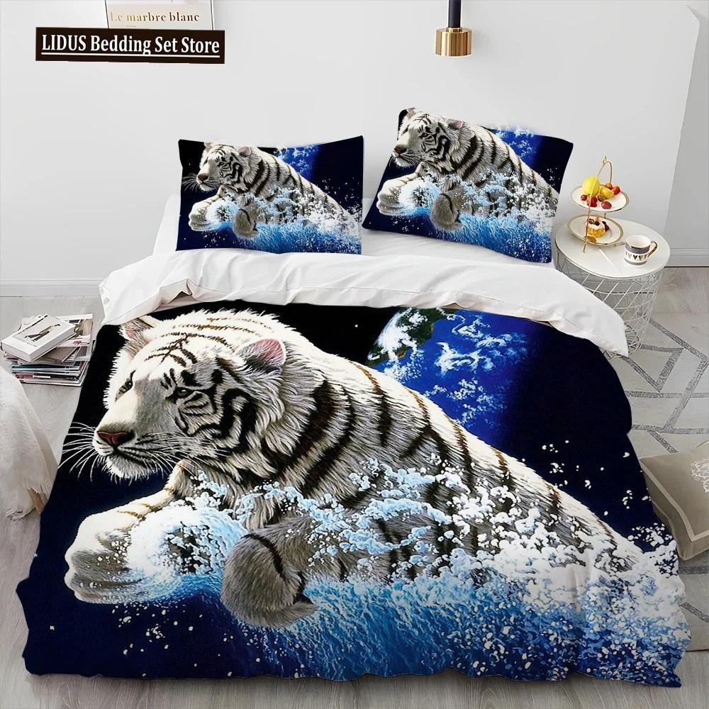 3D Tiger Leopard Wolf Animal Luksusa gultas veļas komplekts, Segas segas gultas komplekts Segas pārvalks spilvendrāna, Karaļa izmēra gultas veļas komplekts