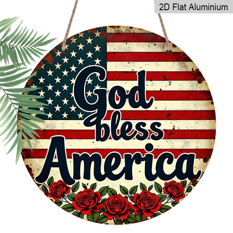 

2D Flat, 1pc Heavy-Duty Retro God Bless America Round Metal Sign - Vintage Aluminum Wall Decor Suitable for Home, Office, Garage, 4th of July Gift 1pc