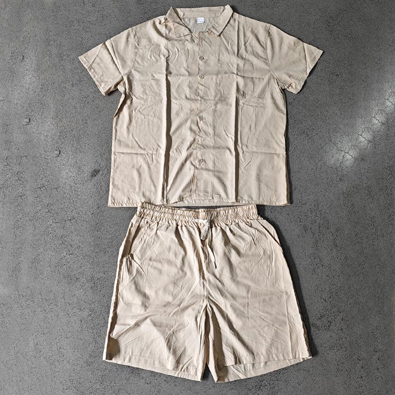 Men's Casual Solid Color Button-Down Shirt & Shorts Set - Summer Vacation Wear