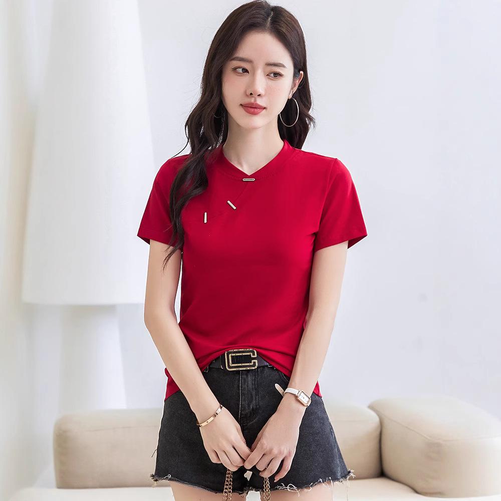 Enhanced Slim Fit Minimalist Cotton T-Shirt with Chinese and Korean Style Buttons - Short Sleeve Women's Top