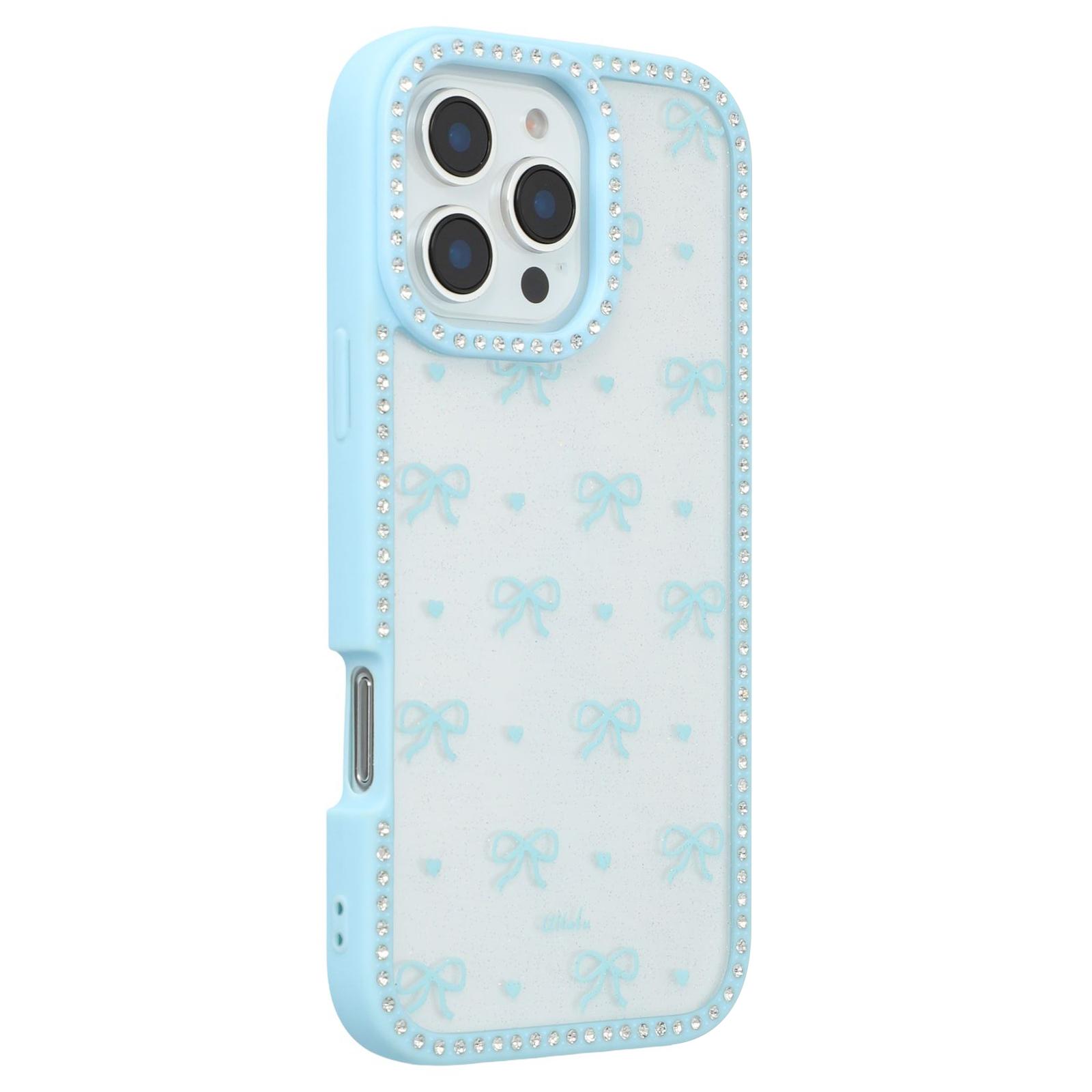 

For iPhone 16 Pro Case Epoxy Design TPU+PC Phone Cover with Bowknot Pattern,Rhinestone Decor Blue