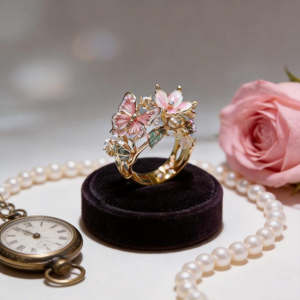 Anello aperto a forma di farfalla e fiore in lega alla moda con strass incastonati per donna