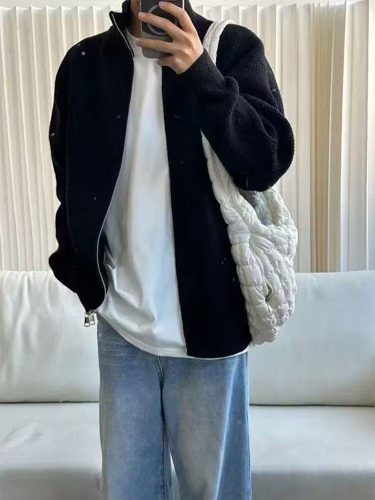 

Men s Trendy Zip-Up Stand-Up Collar Knit Cardigan - Autumn/Winter Loose Fit Sweater Medium чорний